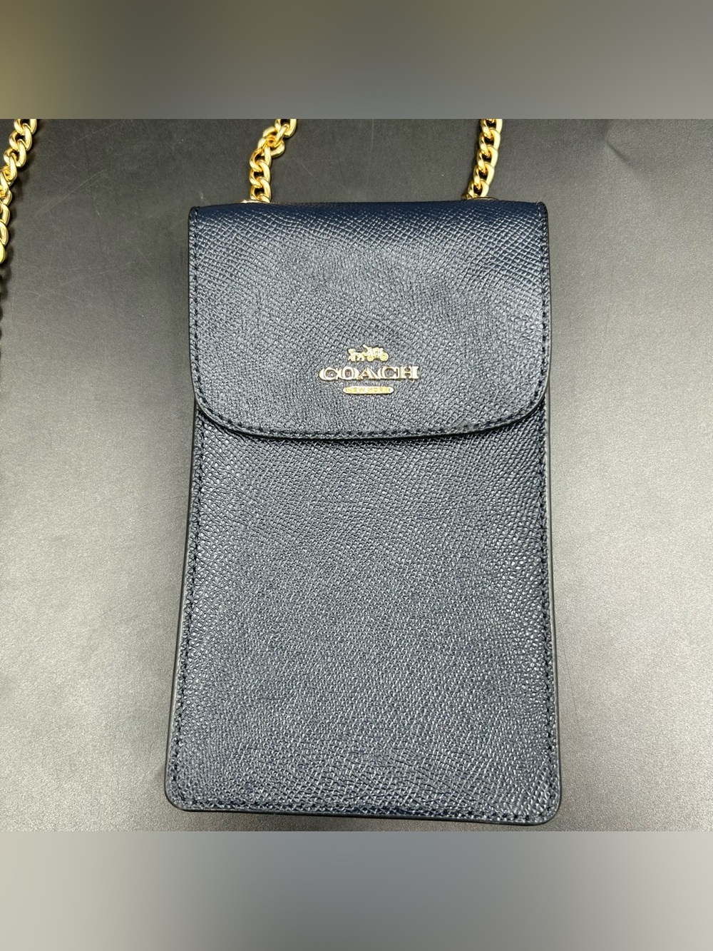 COACH Navy Crossgrain Leather Phone Crossbody Wallet Gold Chain Strap